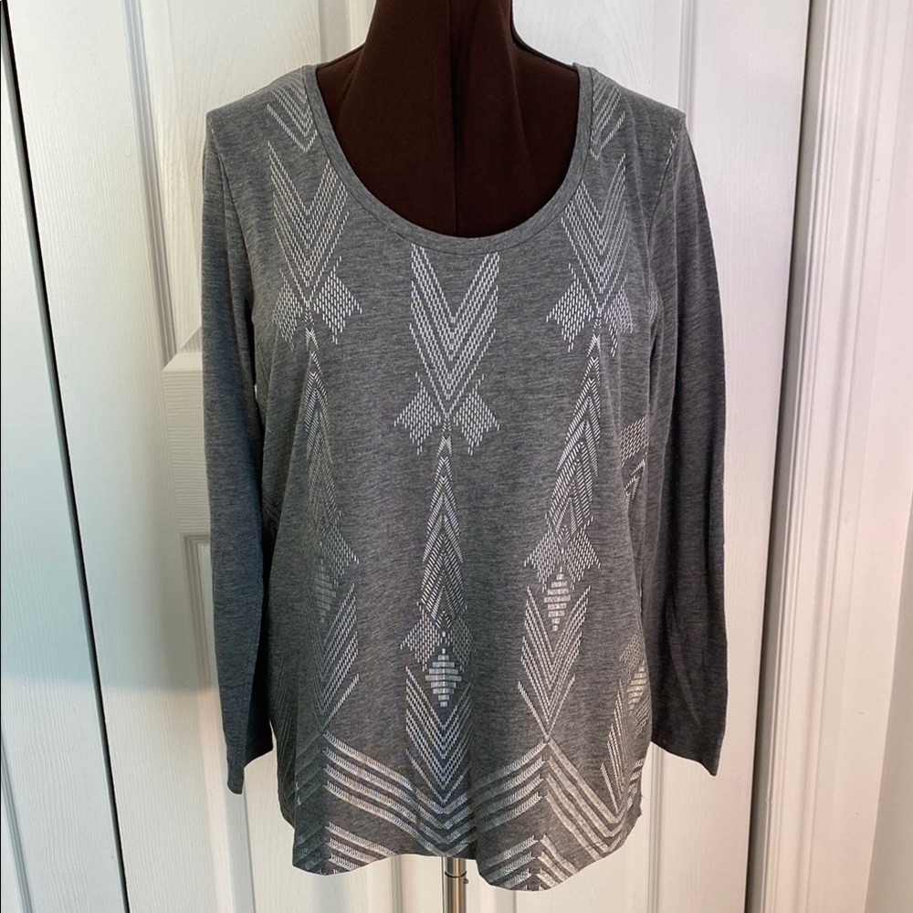 2 for $25 - Addition Elle Gray Graphic Long Sleeve Blouse, 1X Plus, 14 - 16, XL